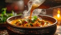 Hands pouring thick curry into bowl with gentle rising steam, winter warmth Royalty Free Stock Photo