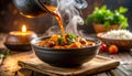 Hands pouring thick curry into bowl with gentle rising steam, winter warmth Royalty Free Stock Photo