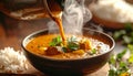 Hands pouring thick curry into bowl with gentle rising steam, winter warmth Royalty Free Stock Photo