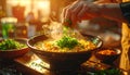 Close-up adding scallions to hot ramen with golden cozy kitchen glow Royalty Free Stock Photo