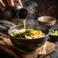 Close-up pouring hot dashi onto udon noodles in warm winter kitchen Royalty Free Stock Photo