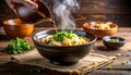 Close-up pouring hot dashi onto udon noodles in warm winter kitchen Royalty Free Stock Photo