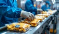 Close-up of hand placing snack packs on belt in industrial packaging area Royalty Free Stock Photo