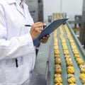 Quality check hands holding checklist next to food production belt Royalty Free Stock Photo