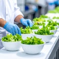Close-up of salad container assembly in clean food production facility Royalty Free Stock Photo