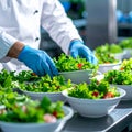 Close-up of salad container assembly in clean food production facility Royalty Free Stock Photo