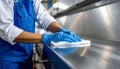 Close-up of worker cleaning polished metal conveyor with sanitizer cloth Royalty Free Stock Photo