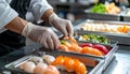 Gloved hands arranging sushi ingredients in trays in clean industrial kitchen Royalty Free Stock Photo