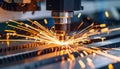Dynamic laser cutting sparks illuminate modern metal fabrication process beautifully Royalty Free Stock Photo
