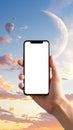 A smartphone holding hands with a blank screen, where you put an advertisement Royalty Free Stock Photo