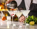 Barman pouring cold martini into glasses on counter, closeup Royalty Free Stock Photo