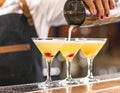 Barman pouring cold martini into glasses on counter, closeup Royalty Free Stock Photo