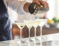 Barman pouring cold martini into glasses on counter, closeup Royalty Free Stock Photo