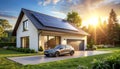 Modern home with solar panels and electric car gleaming in the sunlight, showcasing sustainable living Royalty Free Stock Photo