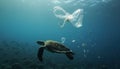 Sea Turtle Swimming Amidst Ocean Plastic Pollution Royalty Free Stock Photo