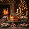 Festive scene featuring a caramel-drizzled layer cake adorned with nuts and pine sprigs Royalty Free Stock Photo