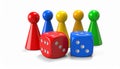 Colored board game pieces with dice, 3D rendering isolated on white background Royalty Free Stock Photo