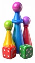 Colored board game pieces with dice, 3D rendering isolated on white background Royalty Free Stock Photo
