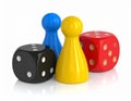 Colored board game pieces with dice, 3D rendering isolated on white background Royalty Free Stock Photo
