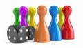 Colored board game pieces with dice, 3D rendering isolated on white background Royalty Free Stock Photo