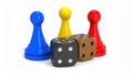 Colored board game pieces with dice, 3D rendering isolated on white background Royalty Free Stock Photo