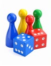 Colored board game pieces with dice, 3D rendering isolated on white background Royalty Free Stock Photo