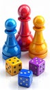 Colored board game pieces with dice, 3D rendering isolated on white background Royalty Free Stock Photo