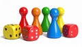 Colored board game pieces with dice, 3D rendering isolated on white background Royalty Free Stock Photo