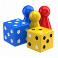 Colored board game pieces with dice, 3D rendering isolated on white background Royalty Free Stock Photo