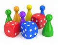 Colored board game pieces with dice, 3D rendering isolated on white background Royalty Free Stock Photo