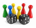 Colored board game pieces with dice, 3D rendering isolated on white background Royalty Free Stock Photo