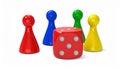 Colored board game pieces with dice, 3D rendering isolated on white background Royalty Free Stock Photo