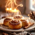 Cozy Winter Scene with Steaming Sweet Cinnamon Rolls Royalty Free Stock Photo