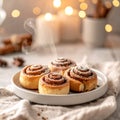 Cozy Winter Scene with Steaming Sweet Cinnamon Rolls Royalty Free Stock Photo