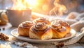 Cozy Winter Scene with Steaming Sweet Cinnamon Rolls Royalty Free Stock Photo