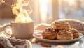 Cozy Winter Scene with Steaming Sweet Cinnamon Rolls Royalty Free Stock Photo