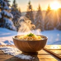 Steaming Bowl of Ramen on Warm Wooden Winter Table Royalty Free Stock Photo
