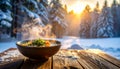 Steaming Bowl of Ramen on Warm Wooden Winter Table Royalty Free Stock Photo
