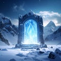 Ancient Ice Altar with Glowing Sapphire in Snowy Mountains Royalty Free Stock Photo