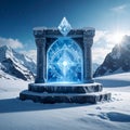 Ancient Ice Altar with Glowing Sapphire in Snowy Mountains Royalty Free Stock Photo