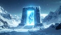 Ancient Ice Altar with Glowing Sapphire in Snowy Mountains Royalty Free Stock Photo