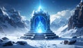 Ancient Ice Altar with Glowing Sapphire in Snowy Mountains Royalty Free Stock Photo