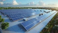 Expansive Rooftop Solar Panel Array with Blooming Flowers Royalty Free Stock Photo