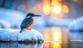 Vivid Blue Kingfisher beside Frozen Stream Reflection Royalty Free Stock Photo