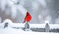 Red Cardinal on Snow-Dusted Garden Fence in Winter Calm Royalty Free Stock Photo