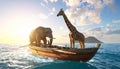 Elephant and a giraffe together on a boat in the middle of the sea. This is a 3d rend Royalty Free Stock Photo