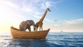 Elephant and a giraffe together on a boat in the middle of the sea. This is a 3d rend Royalty Free Stock Photo