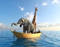 Elephant and a giraffe together on a boat in the middle of the sea. This is a 3d rend Royalty Free Stock Photo