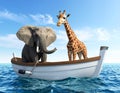 Elephant and a giraffe together on a boat in the middle of the sea. This is a 3d rend Royalty Free Stock Photo