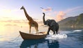 Elephant and a giraffe together on a boat in the middle of the sea. This is a 3d rend Royalty Free Stock Photo